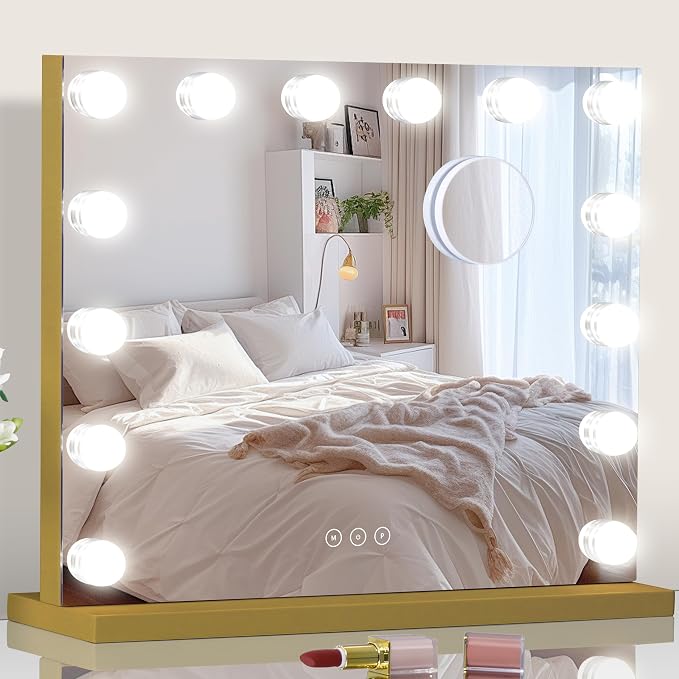 Vanity Mirror with Lights 19.7''x16.6'' Makeup Mirror with Lights Lighted Up Mirror with Dimmable LED Bulbs,3 Color Lighting Modes,USB Charging Port Touch Control,Sturdy Metal Frame Design,Gold