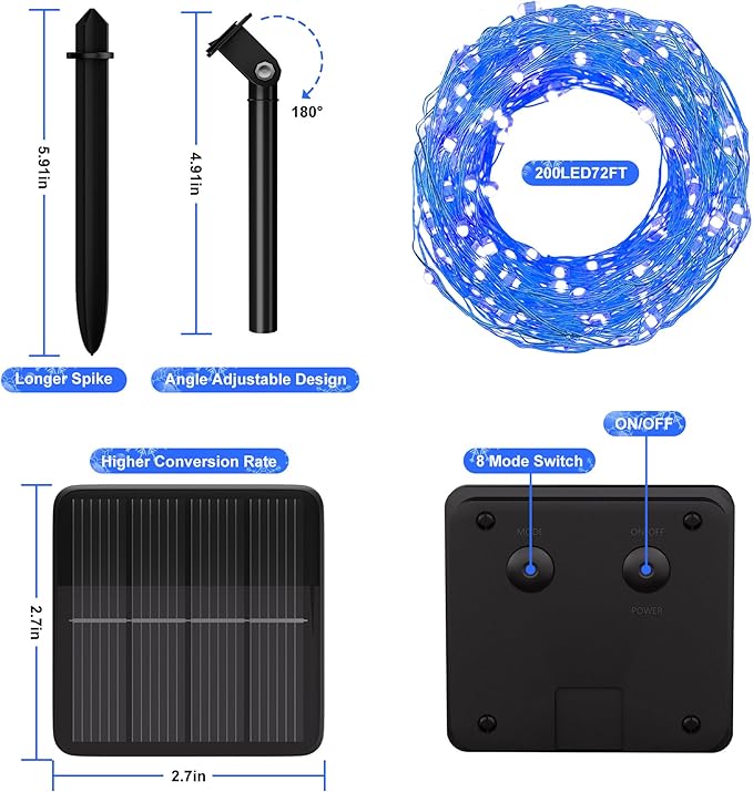 Solar String Lights for Outside, 72Ft 200 LED Solar Fairy Lights with 8 Modes, Solar Powered Fairy Lights Waterproof for Christmas Tree Garden Party Wedding Decor.(Blue)