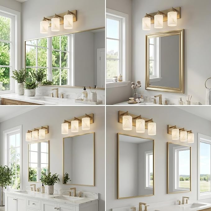 3-Light Bathroom Light Fixture, Gold Modern Vanity Light with White Marble Glass Shade, for Bathroom Mirror, Living Room, Bedroom, Hallway, E26 Base, Extended Base