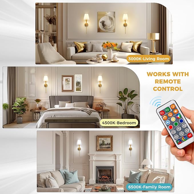 Battery Operated Wall Sconce: Set of 2 Wireless Wall Light 12000mAh | 15 Color Rechargeable Wall Sconces, Sconce Wall Decor Set of 2 for Bedroom, Living Room, Gold, 24.6in
