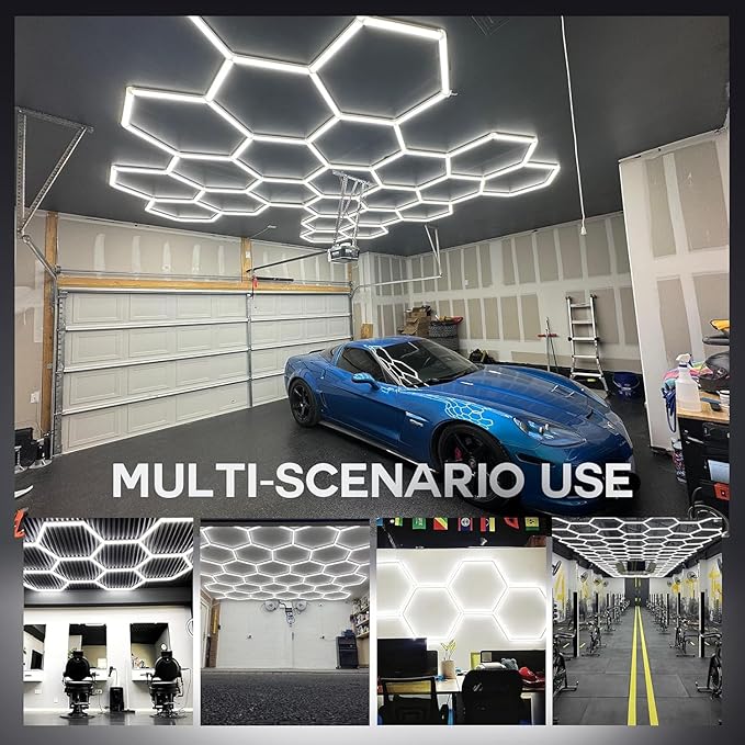 Hexagon LED Garage Lights, 58PCS Honeycomb Ceiling Light, DIY 14 Hex Lights | 58PCS Ultra Bright LED Tubes 6000K daylight illumination for garages, workshops, Gym,and car detailing areas