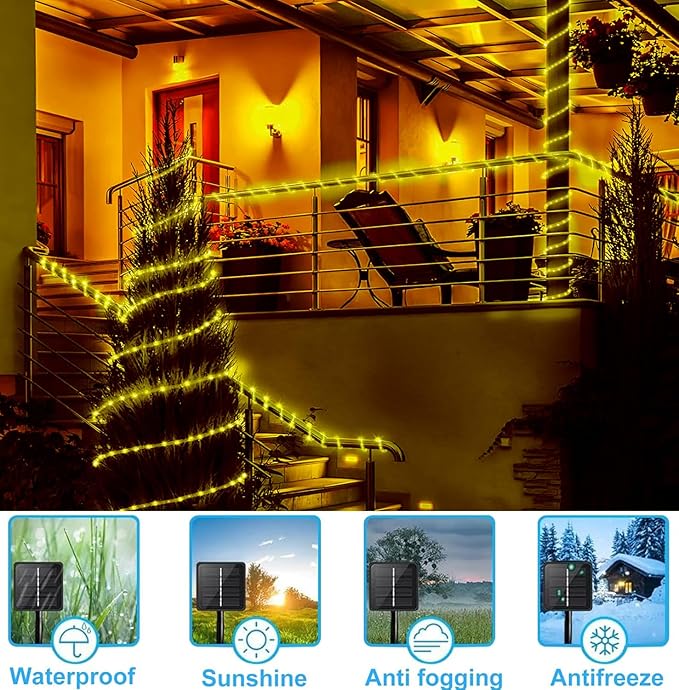 Solar Rope Lights Outdoor Waterproof - 50FT 500LED Solar Powered String Lights with 8 Lighting Modes, Fairy Lights for Outside Garden Yard Tree Christmas Holiday Decor, Warm White