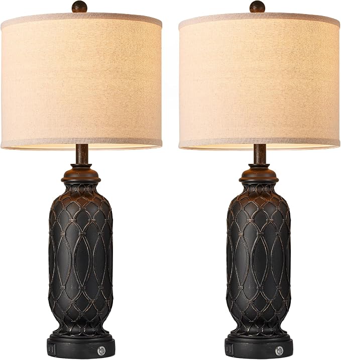 Black Farmhouse Lamps for Living Room Set of 2, 28" Bedroom Lamps Set of 2 with USB Ports, Dimmable Bedside Lamps Nightstand Lamps