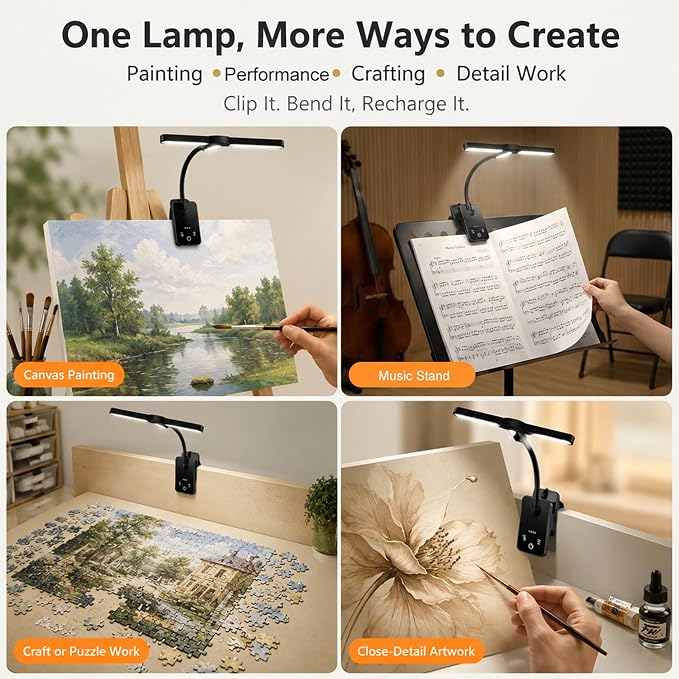 2 Pack Clip-On Easel Light, Rechargeable Artist Lamp for Painting | Flexible Arm Reading Light with 4 Color Modes & 3 Brightness, Music Stand Light, for Piano Bed Reading Desk Puzzle