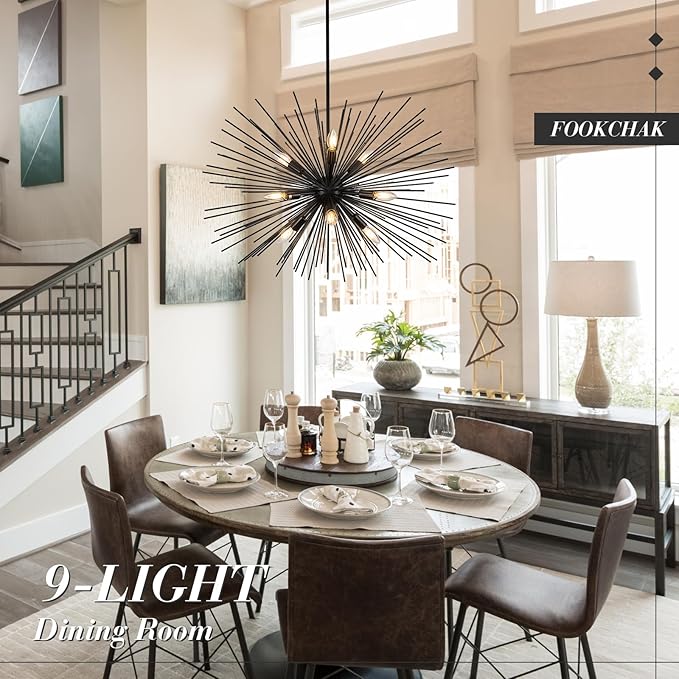 32in Black Sputnik Chandelier Solid Metal Starburst Chandelier Light Fixture 9-Light Mid-Century Modern Satellite Light Fixture for Living Room Dining Room Foyer Study Room Bathroom,E12