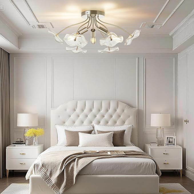 Luvkczc Semi Flush Mount Ceiling Light, Brushed Nickel Ceiling Light Fixture, Modern Floral Glass Lighting for Kitchen Entryway Hallway Bathroom Bedroom Foyer, 3 Light E12 Socket