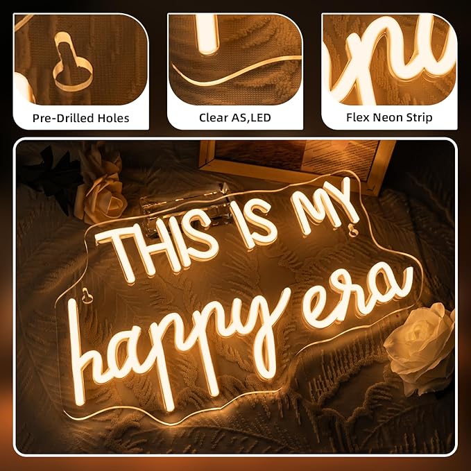 NOSUN This is Our Happy Era Neon Sign Happy Place Neon Signs for Wall Decor Dimmable Warm White LED Signs for Bedroom Classroom Man Cave Home Bar Birthday Party Game Zone Decor Neon Classroom Sign
