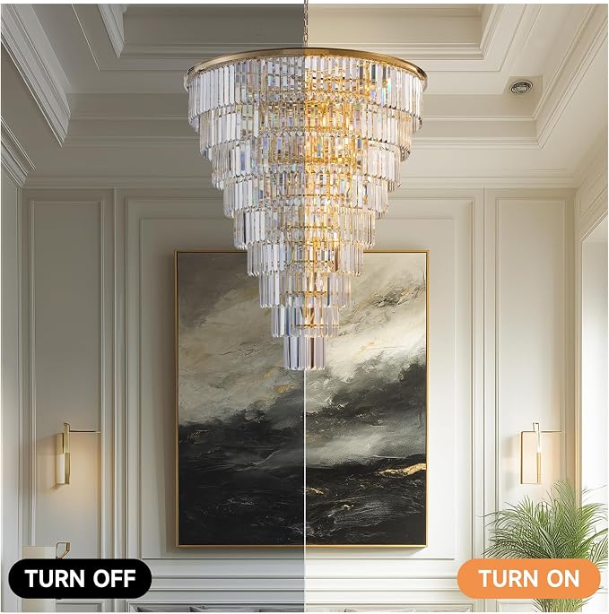 48-Inch Gold Tiered Crystal Tube Chandelier - 45-Light E12 Pendant with 580 Crystal Rods, Mirror-Polished Metal Frame, Adjustable 79" Chain, Gold