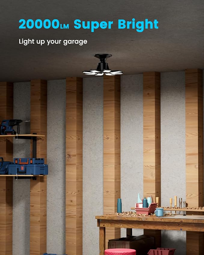 250W Motion Sensor Garage Light, 25000LM,6500K Daylight, E26 Base, 1 Pack | Dual Control Design, 3 Lighting Modes, 8+1 LED Deformable Panels, 360° Detection, for Garage Workshop Barn Attic