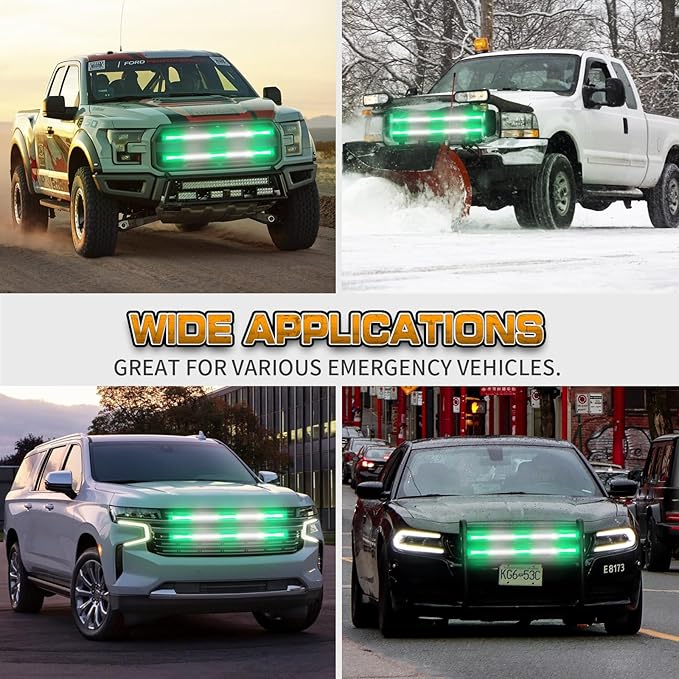 XRIDONSEN 2PCS 30 inch Green White Grill Emergency Lights Strip 360 LED Truck Tailgate/Rear window/Grill Strobe Lights Warning Hazard Safety Caution Lights for Tow Plow Trucks Firefighter Vehicles POV