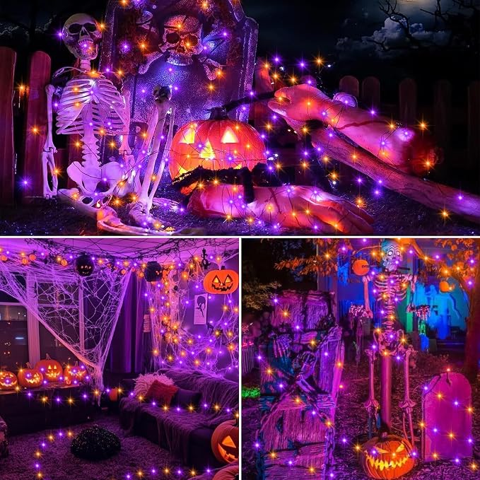4 Pack Halloween Timer Fairy Lights Battery Operated Twinkle Lights | 16.4Ft 50 LED Purple Orange Fairy Lights Outdoor with Timer 5 Modes,Black Wire