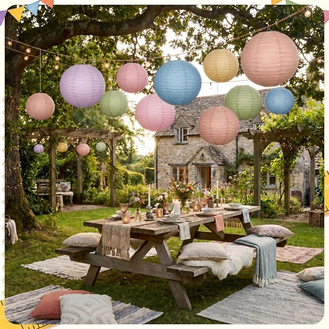 Glooglitter Neutral 16 Pack Paper Lanterns Hanging Decorations 4” 6” 8” 10” Round Chinese Lantern for Classroom Back to School Party Indoor Outdoor Wedding Shower Nursery Ceiling Hanging Decor