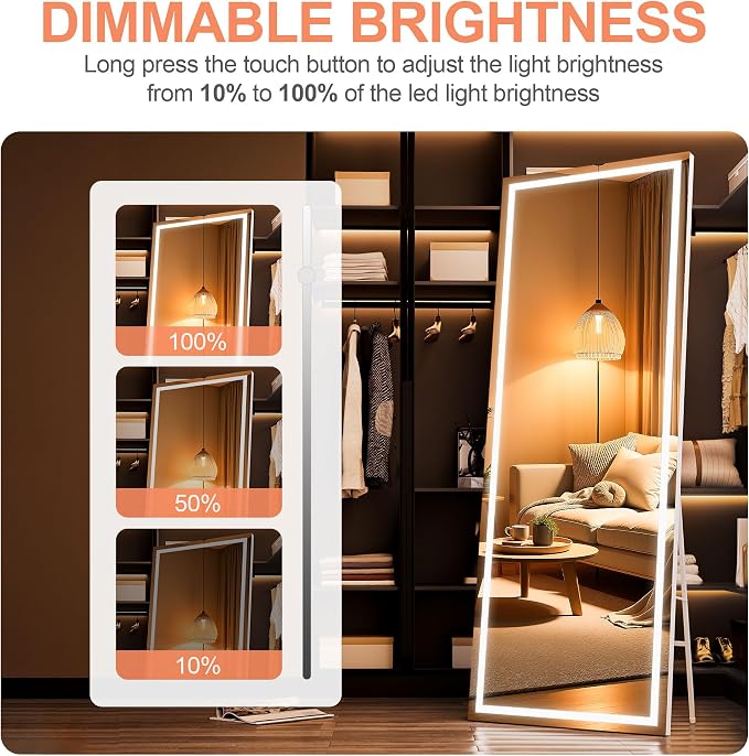 83" x 36" Full Length Mirror with Lights, Large LED Lighted Floor Standing Body Mirror, Dimmable & 3 Color Lighting for Bedroom, Cloakroom, Dressing Room, Tempered Glass, White Frame