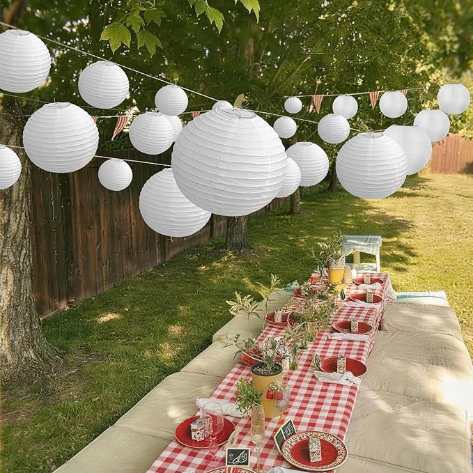 KNONEW 8 Packs 12'' White Silk Outdoor Lanterns Decorative Party Hanging Chinese Japanese Waterprooof Round Lantern for Weddings, Birthdays, Parties Decoration (No Light Bulbs Included)