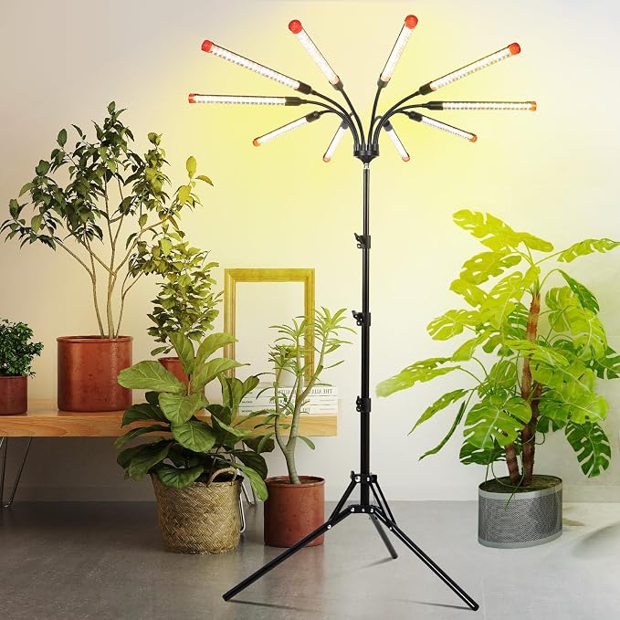 10Head Grow Light on Stand for Large&Tall Indoor Plants, Bonsai Tree, Bright and Big Coverage Plant Growing Lamps, 4/8/12/16/20H Timer, 90 Watt Power Draw, NO Need Adapter, 360° Gooseneck