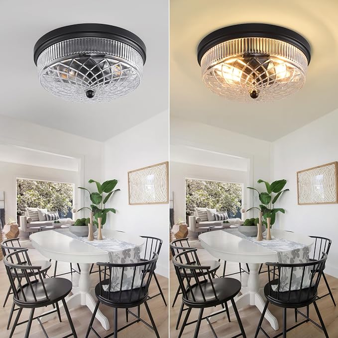Semi Flush Mount Ceiling Light with Clear Glass Shades,3-Lights Industrial Semi Flush Mount Ceiling Light, 3-Light Industrial Black Light Fixtures Ceiling Mount for Kitchen Living Room Foyer