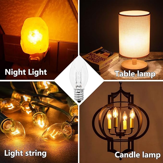 Night Light Bulbs 4 Watt 15 Pack E12 Base Dimmable Plug in Night Light Bulbs - C7 Small Light Bulb Replacement for Night Lights,Christmas Lights,Table Lamps & Porch,Clear Warm White Glow