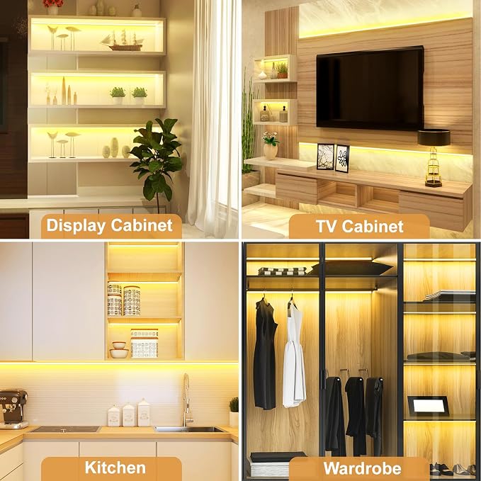 JUSJUBR Shelf Lighting, 32.8ft 24V Dimmable Cuttable COB LED Strip Lights, Warm White 3000K, LED Lights for Shelves, Cabinets, Bookshelves, Display Cases, Closets, Wall Panels and Kitchens