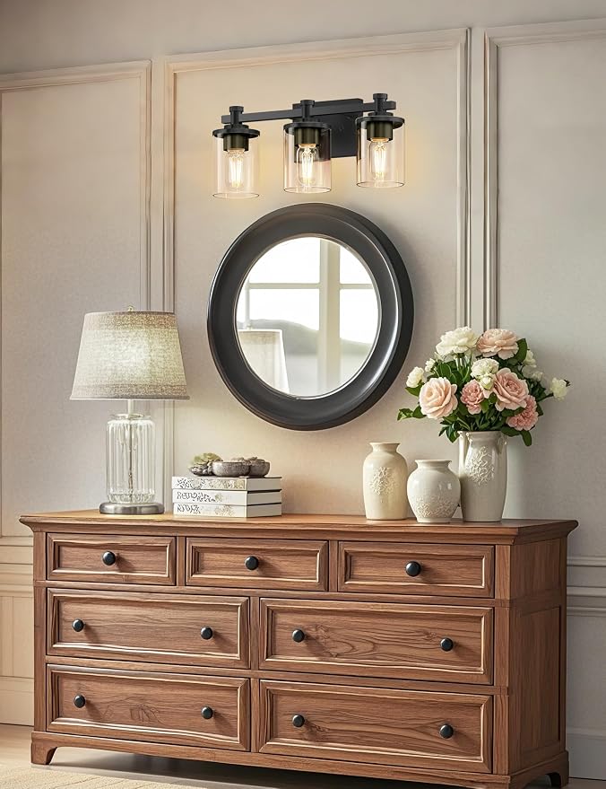 Bathroom Light Fixture, Bathroom Vanity Light Over Mirror, 3-Lights | Vanity Lights for Bathroom, Modern Lighting Fixtures with Clear Glass Shade, Black Vanity Lights, ETL Listed, 17inch