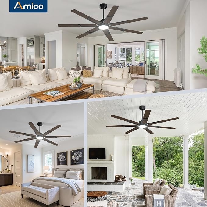 Amico 66 Inch Ceiling Fans with Lights and Remote, Walnut | 6 Speed Reversible DC Motor, 3CCT, Dimmable, Quiet, Timer, Large Modern Ceiling Fan for Living room, Indoor/Outdoor