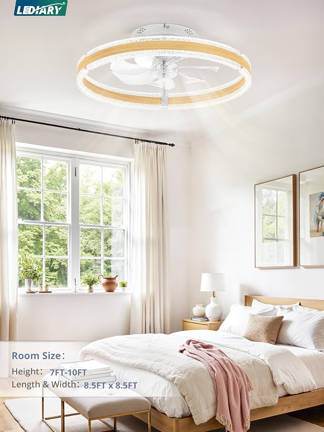 LEDIARY Ceiling Fans with Lights and Remote, 20'' Low Profile Ceiling Fan with Light, 3000-6000K Dimmable Fandelier Ceiling Fans, Modern Flush Mount Fan Light for Bedroom with 6 Wind Speeds-Wood Grain | 3000-6000K Dimmable LED, 6 Wind Speeds, Quiet Rev...