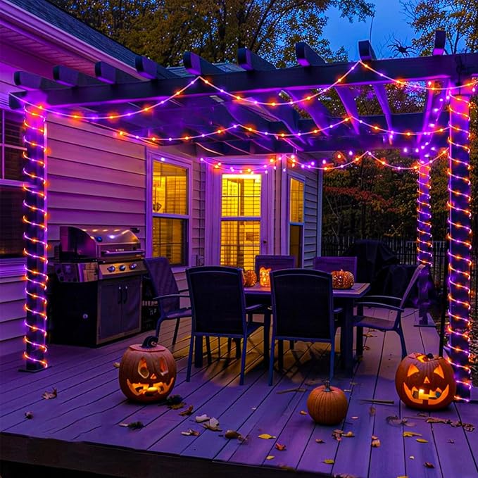 33FT 135 LED Solar Rope Lights Outdoor Waterproof, Purple and Orange Solar String Lights for Outside, 8 Modes Solar Powered Fairy Light for Party Garden Yard Fence Holiday Decorations