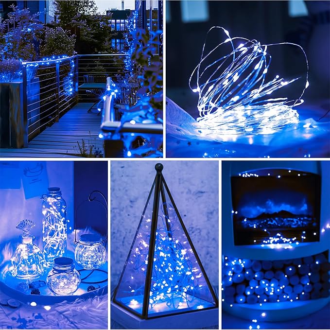 Blue Fairy Lights Battery Operated (Included), 8 Modes & Auto Timer, 2 Packs 5m 50Led Mini Twinkle Silver Wire Firefly Starry Lights, Waterproof Battery Operated Lights for Wedding Parties