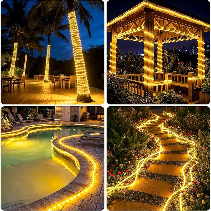 Solar Rope Lights, 4Pack 20FT 60 LED Solar Fairy Lights with 8 Lighting Modes, IP65 Waterproof Strip Light Outdoor for Garden Yard Patio Deck Fence Tree Party Holiday Decoration, Warm White