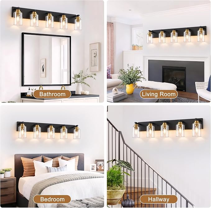5-Light Black and Gold Bathroom Vanity Light, Clear Glass Shade | 35.4" Wall Mount Over Mirror Lighting Fixtures, Brushed Gold Finish, Durable Metal, Modern Farmhouse Style, for Bathroom