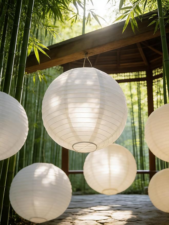 6PCS Paper Lanterns 12 inch with LED Lights White Round Derorative Hanging Paper Lanterns Reusable Lamp for DIY Craft Wedding Dinner Birthday Party Decoration