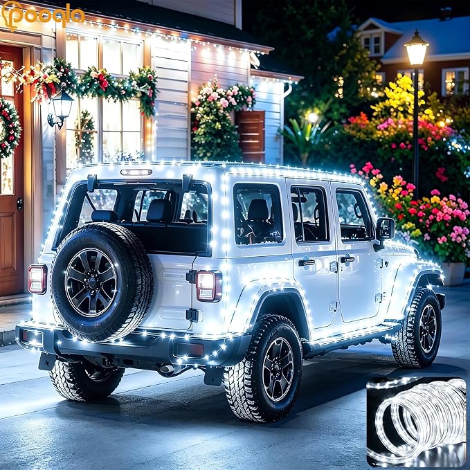 Rope Lights Outdoor, 2 x 100LED Cool White Battery String Lights | Rope Lights Outdoor with 8 Modes Remote&Timer, Waterproof Battery Operated Camping Lights for Car Trampoline