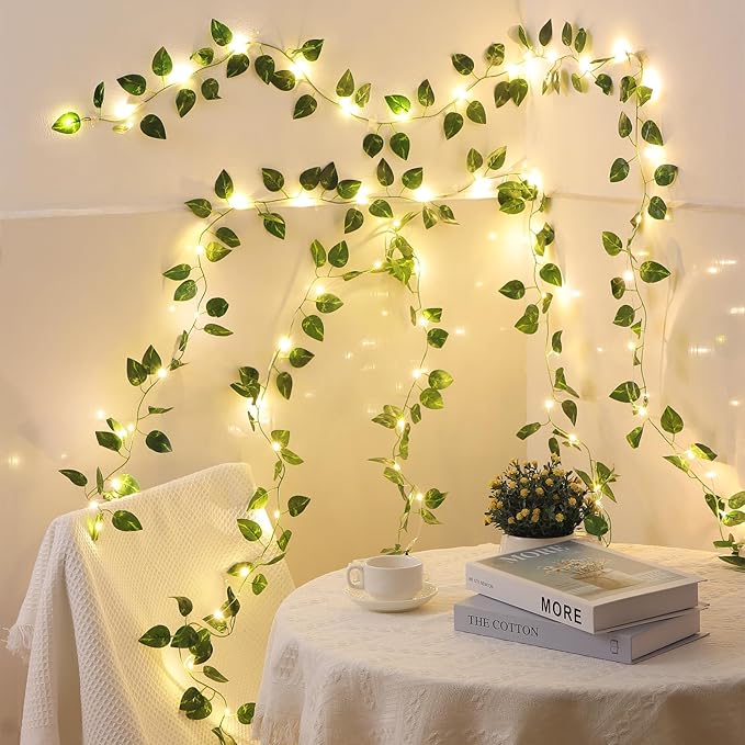 Vines with Lights Battery Operated, 6.56ft 20 LED Pothos with Fairy Lights, Leaf Lights with 8 Modes, Fake Vines Ivy String Lights for Bedroom, Wall, Room, Garden, Party Decor, 2 Pack