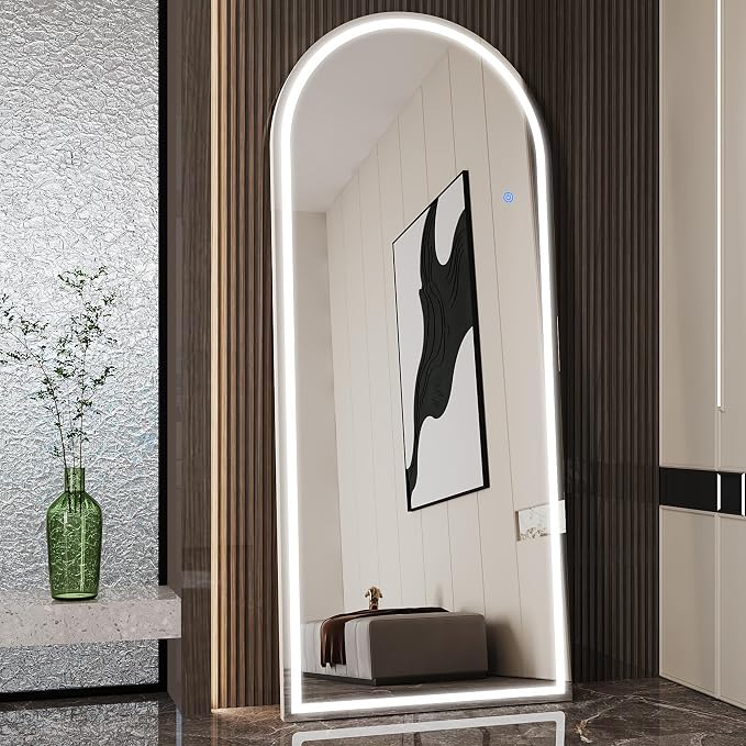 Antok LED Full Length Mirror with Light, 71"x28" Lighted Full Body Mirror with Stand, Dimmable & 3 Color Lighting Standing/Leaning/Wall Mounted Vanity Mirror for Bedroom Cloakroom Livingroom(Arched)
