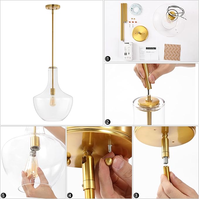 JONATHAN Y 13.25" Brass Gold/Clear Mid-Century Modern 1-Light LED Pendant Light Fixture, Adjustable Schoolhouse Hanging Lamp for Kitchen Island, Clear Glass Shade, LED Bulb Included (JYL6401C)