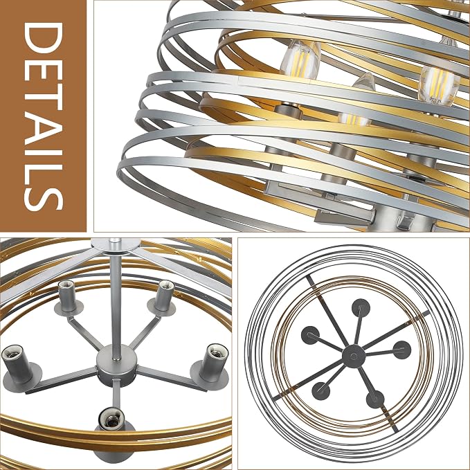 ACNKTZ 19.7'' Double Round Metal Chandelier, 5-Light Modern Farmhouse Dining Room Lights Over Table, Gold Chandelier for Hallway Kitchen Island Entryway Stairwell, Silver with Gold Interior