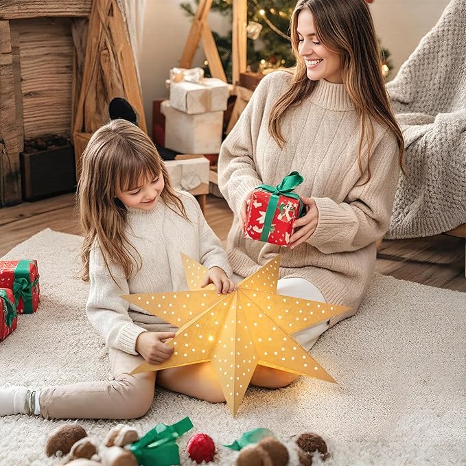 Lewondr Christmas Paper Star Lantern 3 Pack, Hanging 7-Pointed Star Lights with Hollowed Dots, LED Paper Lanterns with 6H Timer for Holiday Home Decoration, with Remote Control, Warm Light
