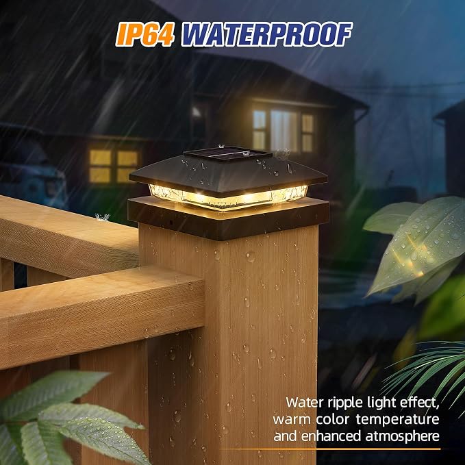 APONUO Solar Post Cap Lights for 4x4 Posts - IP64 Waterproof, 3000K LED, No-Wire Fence Lights & Deck Lights for Patio Garden Yard Patio, Black-Warm White, 8 Pack