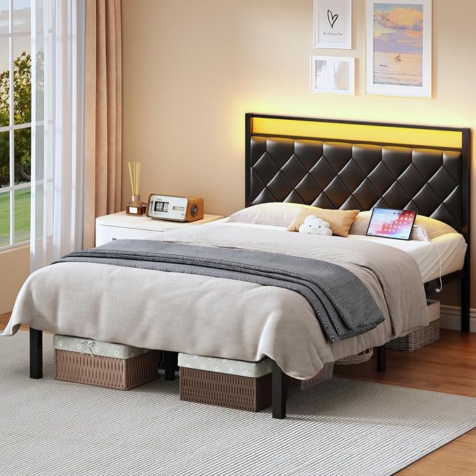 Queen Bed Frame with Headboard PU Leather Upholstered Bed Frame Platform with Charging Station, LED Light, Easy Assembly, Noise Free, No Box Spring Needed, Black