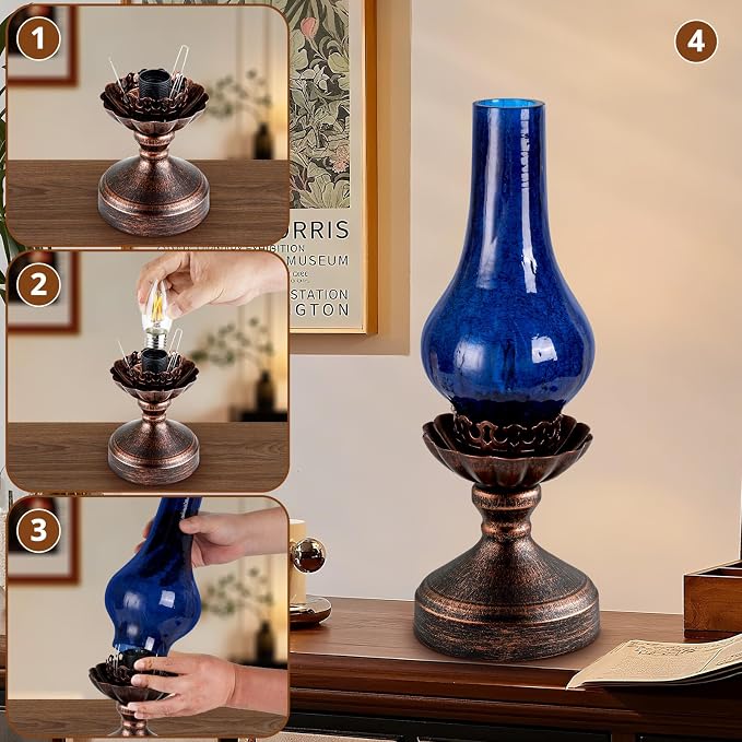 Vintage Table Lamp with Blue Crackle Glass Shade,Touch Control & 3-Way Dimmable Rustic Retro Farmhouse Bedside Lamp for Bedroom, Living Room, Cabin, Office (2700K LED Candle Bulb Included)