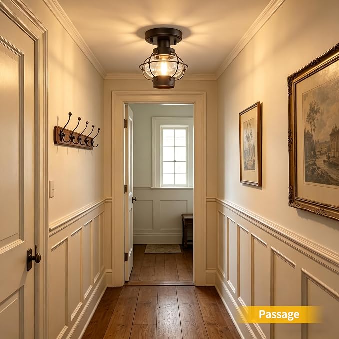 Porch Ceiling Light, Farmhouse Industrial Flush Mount, Glass Globe E26 | Indoor & Outdoor Use. For Hallway, Bedroom, Balcony, Stairway. Metal Build. Hardware Included. Easy Install.