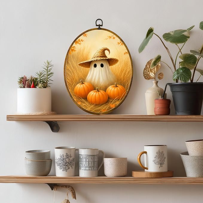 Straw Hat Ghost Oval Wall Art, Framed Canvas Decor, 8.5x11.5 Inch | Cute ghost with straw hat, pumpkins, golden wheat field and cozy fall decor
