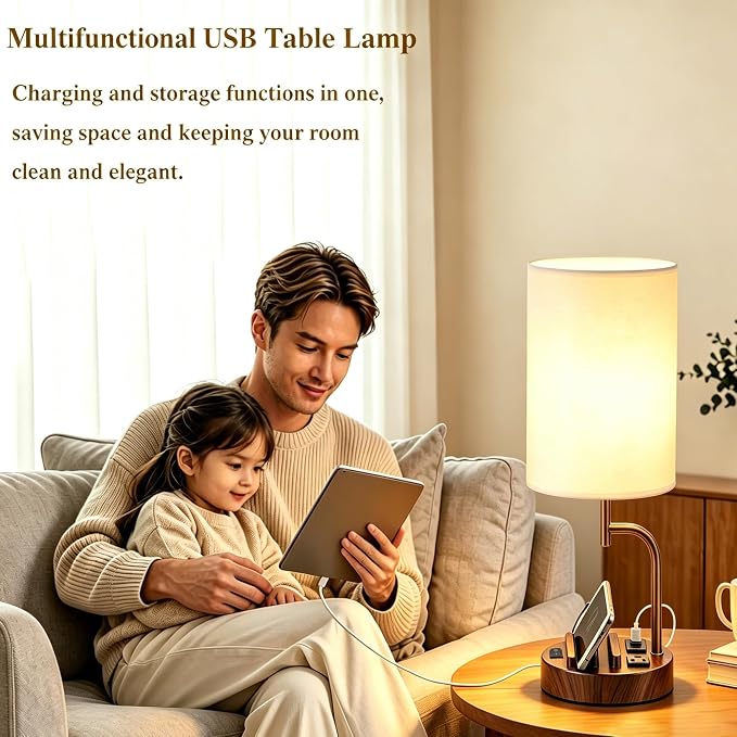 Dreamholder 2 Pack Table Lamp, Bedside Lamp with 3 USB Charging Ports & AC Outlet, USB Desk Lamp with 2 Phone Holders, Linen Fabric Shade Nightstand Lamps for Bedroom Living Room Office, Walnut