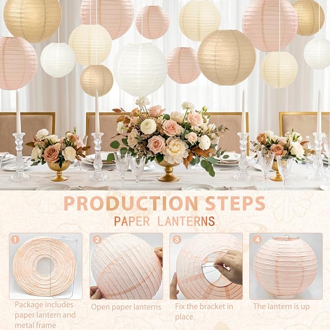 15 Pcs Boho Paper Lanterns - Champagne Gold Beige Peach 6 8 10 Inch Round Hanging Decorations for Birthday, Neutral Baby & Bridal Shower, Rustic Wedding, Fall Party