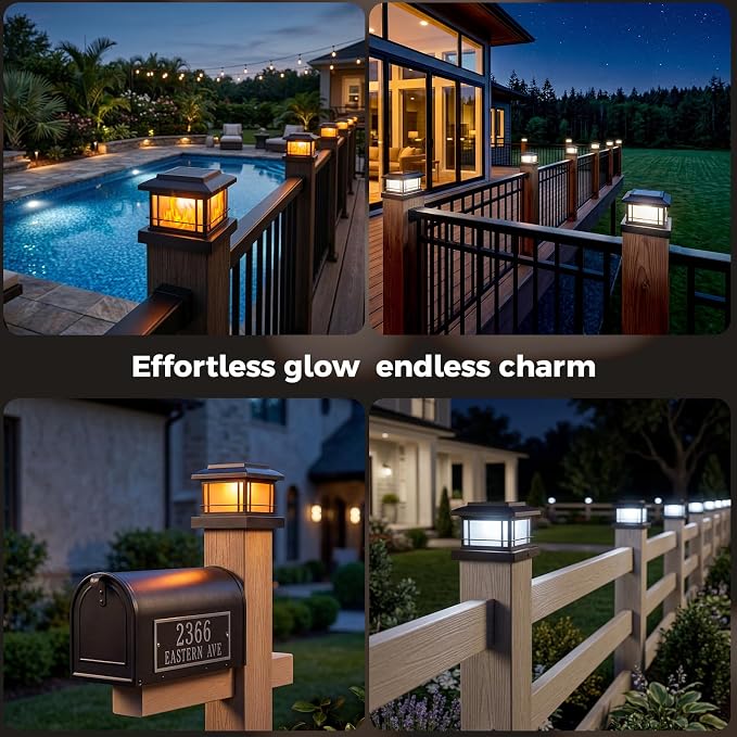 JOFIOS Flickering Flame Solar Post Cap Lights Outdoor, Black Post Lights with 3 Color Temperature, Fits 3.5" 4" 4.5" 5" Wood/Vinyl Posts, IP64 Waterproof Fence Deck Lights for Garden Patio Yard 12Pack