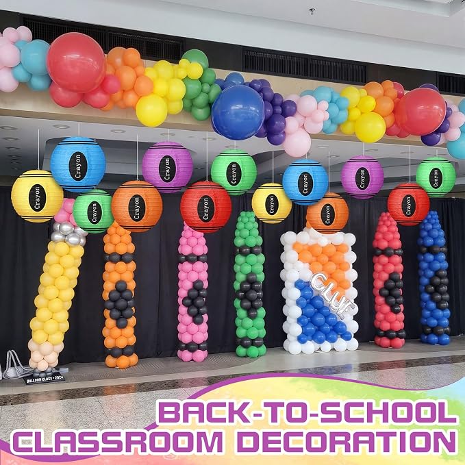 12 Pcs Back to School Classroom Crayon Paper Lanterns 10 Inch Crayon Classroom Hanging Decor for First Day of School Kindergarten Welcome Party Supplies