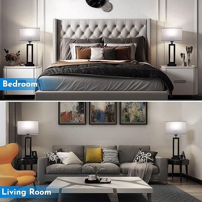 Modern Nightstand Lamps Set of 2 - Touch Control Bedside Table Lamps with USB C&A, 3 Way Dimmable for Bedrooms & Living Room, Gray & Black