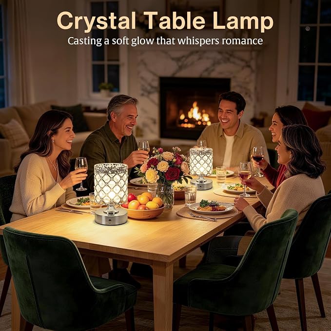 Silver Small Crystal Rechargeable Cordless Table Lamps Set of 2 | 6000mAh Battery, 3 Color Temps, Stepless Dimming, Touch Control, Portable Wireless Night Light for Bar Bedroom Living Room