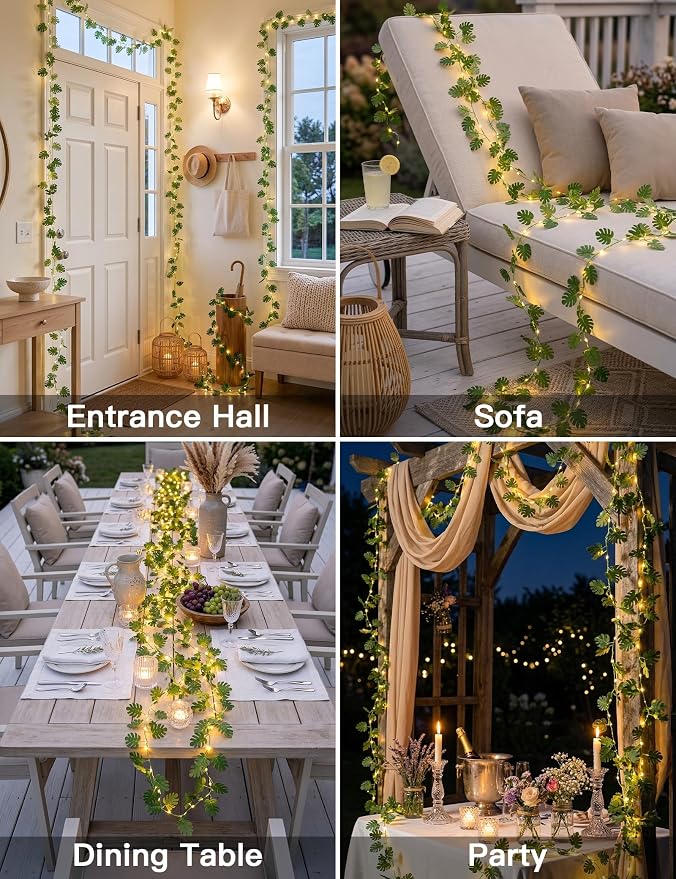 33FT Monstera Vines with Lights Battery & USB Powered Copper Wire | 100Led Leaves String Lights with Remote,Artificial Plants for Indoor, Bedroom,Wall,Party Tropical,Dorm Decor(Warm White)