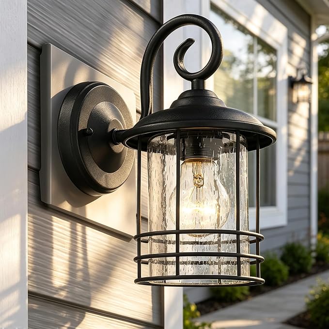 MICSIU 5.5" Wide Black Single Outdoor Porch Light, 9.8" H Modern Farmhouse | Seedy Glass Outside Fixture, Vintage Round Outdoor Wall Sconce For Small Sidelight, Front Door, Garage