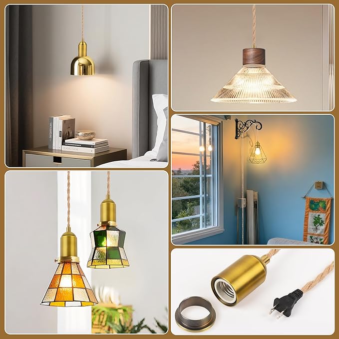 Plug in Pendant Light Cord with Switch, 15 FT Hemp Color Vintage Double Braided Woven Rope, Hanging Lights with Plug-in, E26 Socket, DIY Swag Lamp Kit for Lantern, Pendant & Hanging Fixtures, 2-Set